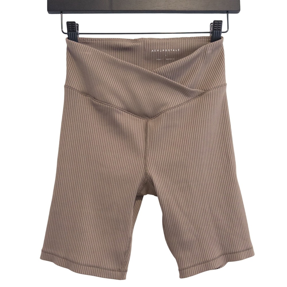 Aeropostale Workout Shorts Womens S Brown Ribbed Crossover Waist Athleisure Yoga